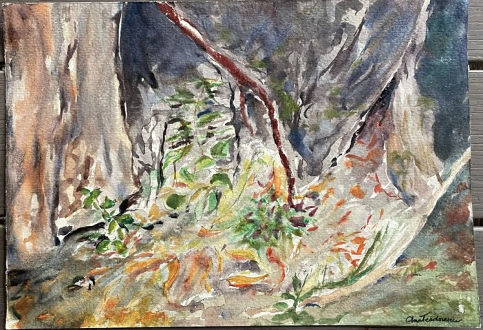 Lucrare Ana Teodorescu, Peisaj montan I, tehnica mixa pe carton subțire 30 x 20 / arta romaneasca / semnatura / foarte decorativ