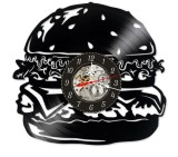 Ceas de perete decorativ, Burger / Hamburger Fast Food, realizat din disc de vinil (Vinyl Record), 30 cm, mecanism silențios, negru