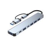 Cumpara ieftin Hub USB tip C 7 porturi, adaptor USB A inclus, 4 porturi USB 2.0, 1 port USB 3.0, 2 porturi USB C PD, aluminiu gri metalizat, Dactylion