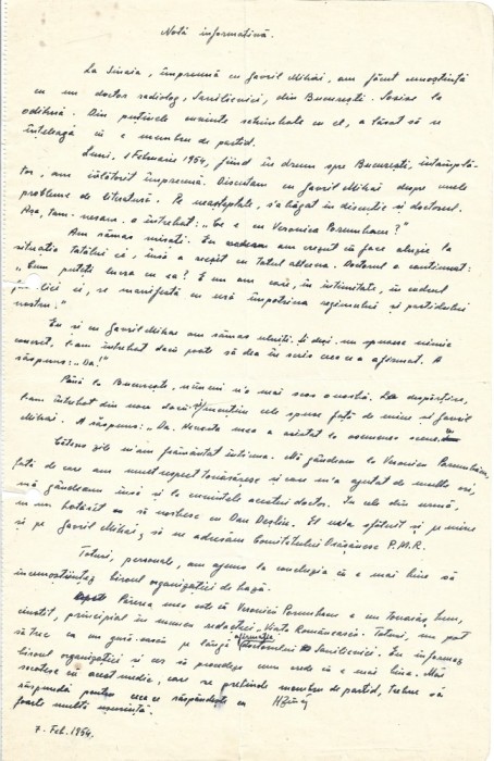A3598N Haralamb Zincă, notă informativă scrisă și semnată olograf, 1954, &icirc;l toarnă la Partidul Muncitoresc Rom&acirc;n pe fizicianul Alexandru Sanielevici
