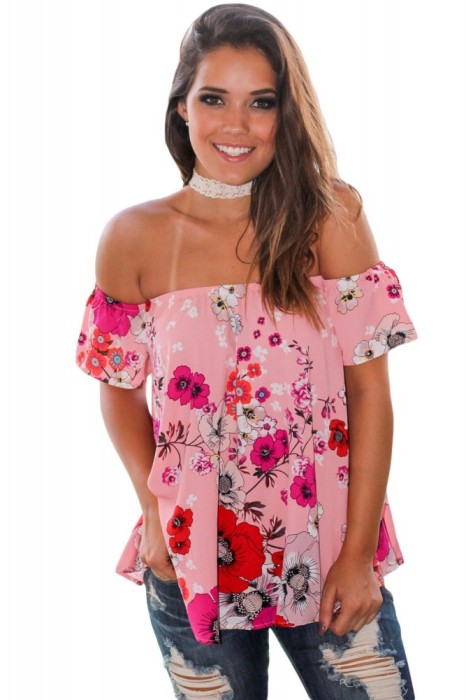 X47-2895 Top roz vaporos cu imprimeu floral