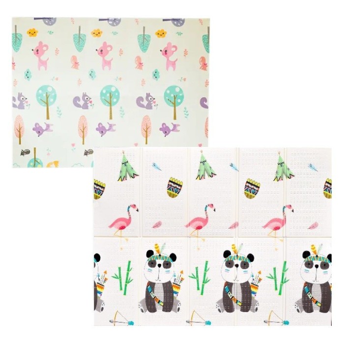 Covoras pentru copii, flippy, cu 2 fete, model caprioare/panda, din xpe+pe, impermeabil, antiderapant, protectie termica, +3 luni, pliabil, 150 x 200