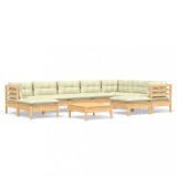 Set mobilier gradina cu perne crem, 10 piese, lemn masiv de pin