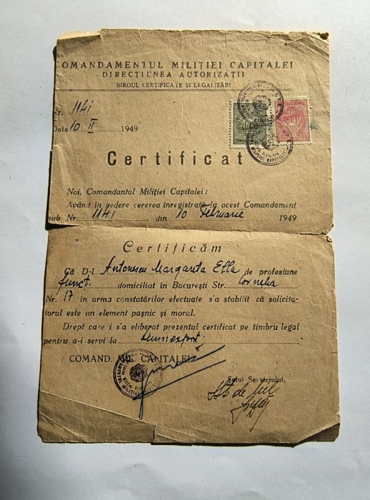 Certificat de buna purtare, 1949 Comandamentul Militiei Capitalei / CD1P