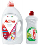 Detergent lichid pentru rufe colorate Active, 4.5 litri, 90 spalari + Detergent de vase lichid Active, 0.5 litri, mar