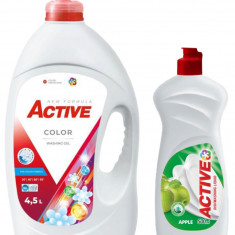 Detergent lichid pentru rufe colorate Active, 4.5 litri, 90 spalari + Detergent de vase lichid Active, 0.5 litri, mar