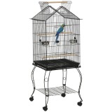 PawHut Cușcă pentru păsări pe suport cu 2 mese perșoare tavă detașabilă m&acirc;ner și roți 50 x 58 x 137/145 cm negru | Aosom Romania