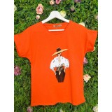 Tricou Orange din Bumbac Dama cu Palarie