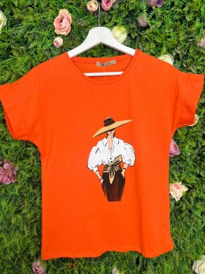 Tricou Orange din Bumbac Dama cu Palarie foto