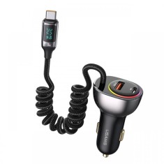 Usams Set Incarcator Auto Dual port USB si Type-C, Fast Charge Digital Display, PD, 60W, cu cablu Type-C, Negru