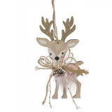 Ornament Brad de Crăciun, Cerb, Lemn, Blană Roz, Antlers Glitter, 13cm, Oem