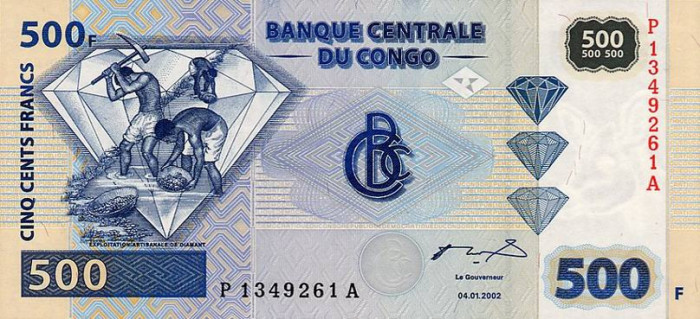 CONGO █ bancnota █ 500 Francs █ 2002 █ P-96a █ G&amp;D █ UNC █ necirculata