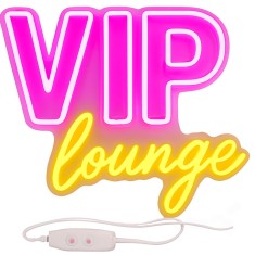 Panou Neon LED &bdquo;VIP lounge&rdquo; roz/fucsia si galben cald, 40x30cm &mdash; decor premium cu o nota de exclusivitate, reclama luminoasa Temark&reg;