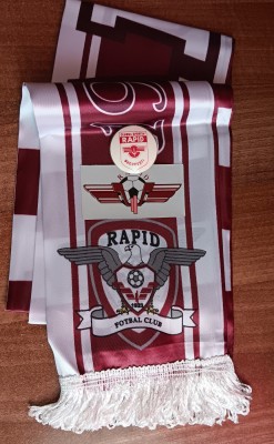 D9 M5 1 - sport - fotbal - fular, insigna si abtibild de colectie - Clubul Rapid Bucuresti!! foto