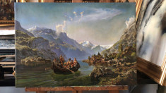 Peisaj tablou cu Lac intre munti Tablou pictat manual pictura ulei 66x46cm foto