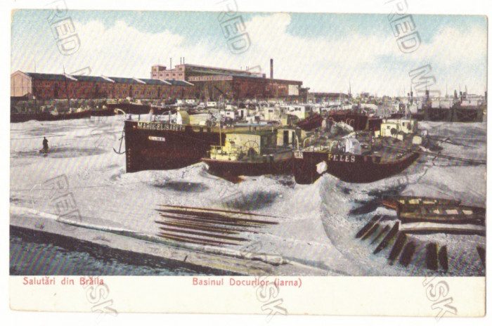218 - BRAILA, Harbor, ships, in winter, Romania - old postcard - unused