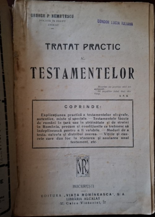Tratat Practic al Testamentelor (interbelic, Av. Dr. George P. Nemetescu, f. a.)