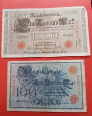 GERMANIA REICH- 1908/10- 2 bancnote-100,1000 mark- F-VF foto