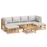 Set mobilier de gradina cu perne gri deschis, 7 piese, bambus