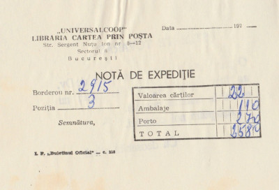 1970 Libraria Cartea prin posta - nota de expeditie, UNIVERSALCOOP, stampila foto