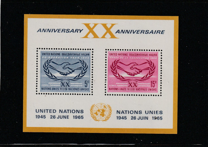 Natiunile Unite New York 1965-Anul cooperarii,bloc 2 val.,dant,MNH,Mi.Bl.3
