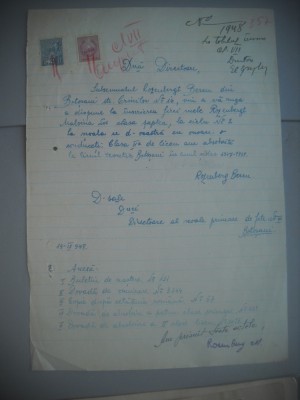 HOPCT DOCUMENT VECHI NR 464 ROZENBERGT BERC-EVREU-SCOALA NR 3 FETE BOTOSANI 1948 foto