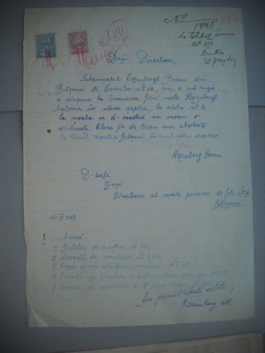 HOPCT DOCUMENT VECHI NR 464 ROZENBERGT BERC-EVREU-SCOALA NR 3 FETE BOTOSANI 1948