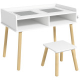 HOMCOM Set de Masă și Scaun pentru Copii, Masă de Activități pentru Copii Mici 3 &icirc;n 1 cu Tablă de Construcție, 87x45x59.5 cm, Alb