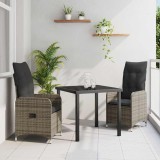Set de dining de grădină , 3 piese, cu perne gri, din rattan poli.