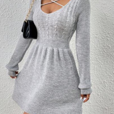 Rochie mini din tricot, cu maneca lunga si decolteu, gri, dama, Shein