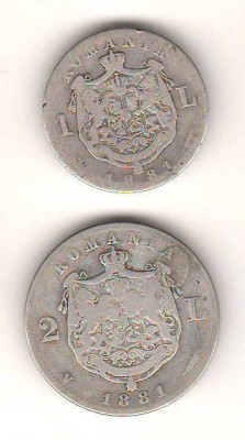 SV * Romania LOT 1 LEU + 2 LEI 1881 * ARGINT .835 * Regele Carol I foto