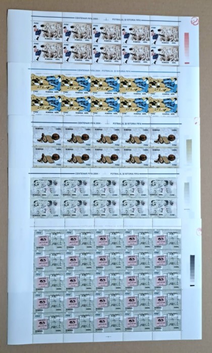 TIMBRE ROM&Acirc;NIA LP1624/2003 Centenar F.I.F.A.-2004 Set 5 coli 25 de timbre MNH
