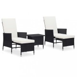 Set mobilier de gradina cu perne, 3 piese, negru, poliratan