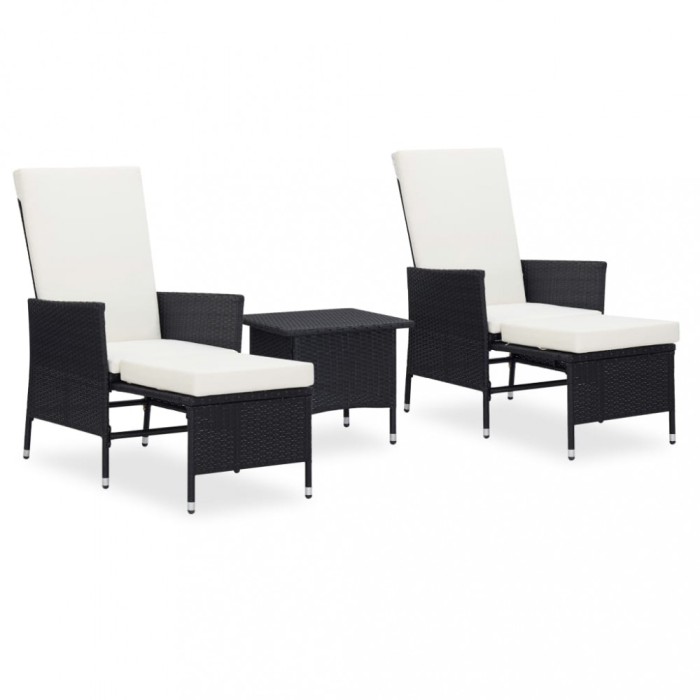 Set mobilier de gradina cu perne, 3 piese, negru, poliratan
