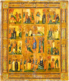 Icoana praznicar pe lemn Invierea Domnului si 12 scene, scoala ruseasca ,secol 19