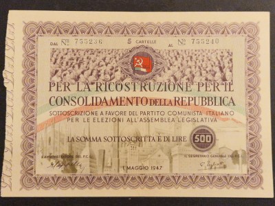 Italia Sottoscrizione a favore del partito comunista Italiano 500 Lire 1947 XF+ foto