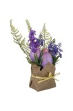 Figurină decorativă de masă pentru Paște, ghiveci cu 3 ouă și flori mov, 26 cm