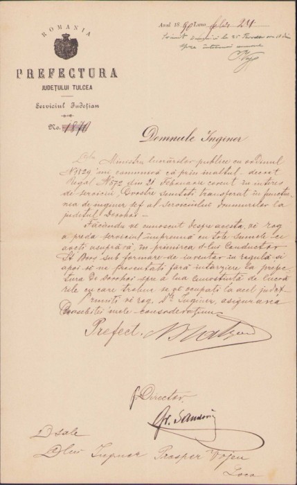 HST 239S Act 1890 semnat olograf prefect Tulcea - N Bratu