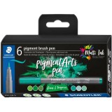 Set 6 carioci varf tip pensula - Pigment Liner green turquoise | Staedtler