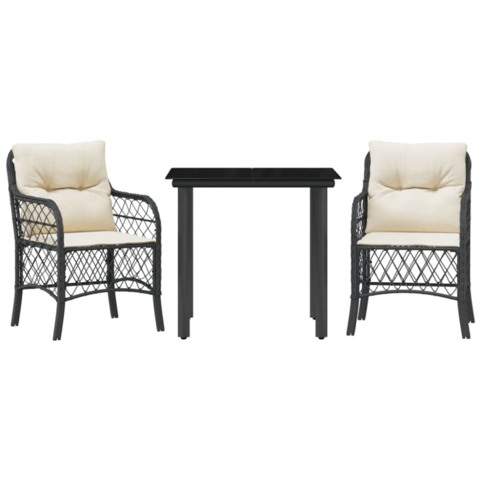 Set bistro cu perne, 3 piese, negru, poliratan