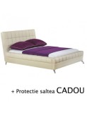 Set pat HM Bonita tapitat cu piele ecologica, somiera inclusa, bej, saltea cu arcuri impachetate individual Neptun Memory Pocket Comfort 160x200x30cm,