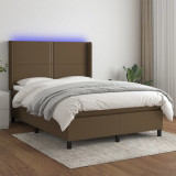 vidaXL Pat cu arcuri, saltea și LED, maro &icirc;nchis, 140x190 cm, textil