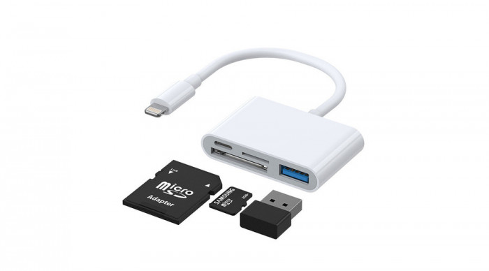 Adaptor Joyroom cu cititor de carduri SD și TF, port USB OTG și cablu cu conector Lightning, alb (S-H142)
