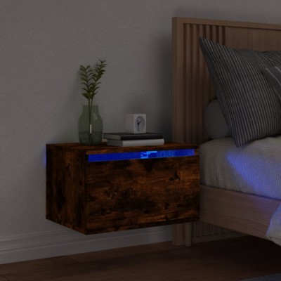 Gossi noptiera montata pe perete cu lumini led, stejar fumuriu foto