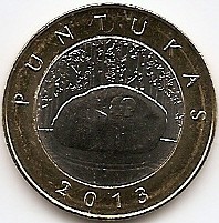 Lituania 2 Litai 2013 - (Puntukas/Piatra) Bimetalic, 25 mm KM-189 UNC !!!