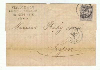 France 1876 Postal History Rare Cover + Content LYON D.733 foto