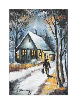 Tablou pictat manual, Iarna, pe inserat, 30x20cm ulei pe panza, gata de agatat pe perete foto
