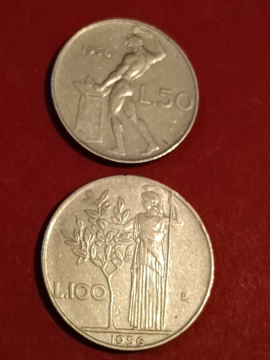 Lot 2 monede Italia: 50 + 100 lire 1956 [poze]. Discount conform descrierii [10 - 20 %. Vezi descrierea.].