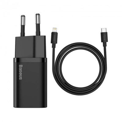 INCARCATOR retea Baseus Super Si, Quick Charge 20W, 1 x USB Type-C 5V/3A max, include cablu USB Type-C la Lightning Iphone 1m, negru &amp;quot;TZCCSUP-B01&amp;quot; (ti foto