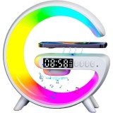Lampa smart LED, cu functie de boxa si Incarcator Wireless rapid, cu lumini ambientale, sincronizare muzicala, Bluetooth, afisaj ceas digital, alarma,